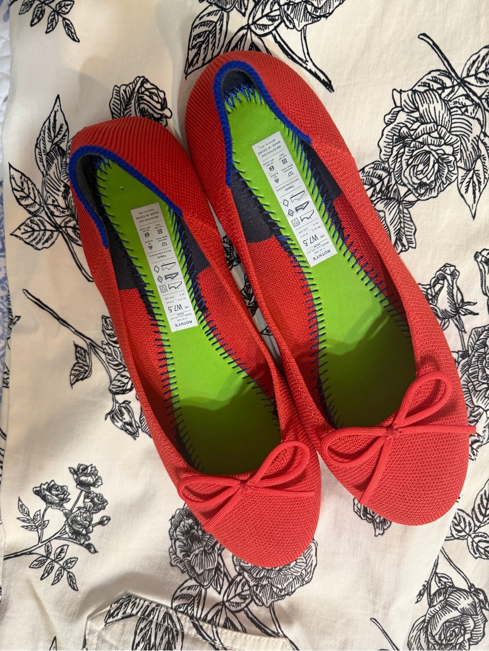 Rothy's Red Knit Ballet Flats with Lime Green Insole and Blue Trim